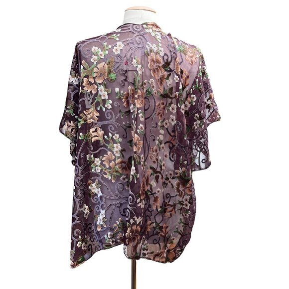Floral Sheer Burnout Velvet‎ Purple Open Front Kimono Cardigan By Lulla OSFM - Picture 4 of 8